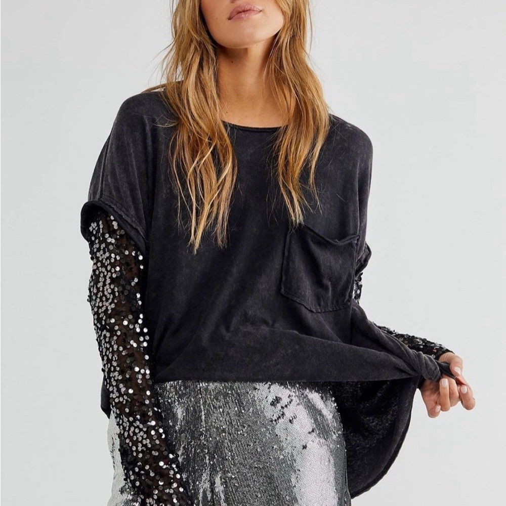 Free People Celine Black Long Sleeve Embellished Oversized Top, Sequin Sleeves